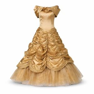 Belle-Inspired gold satin ballgown dress